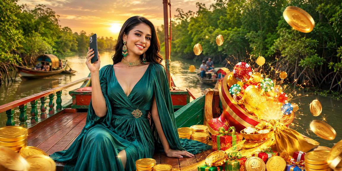 সুন্দরবনের প্রেক্ষাপটে মোবাইলে no3 ক্যাসিনো গেম উপভোগ করছেন একজন ব্যবহারকারী